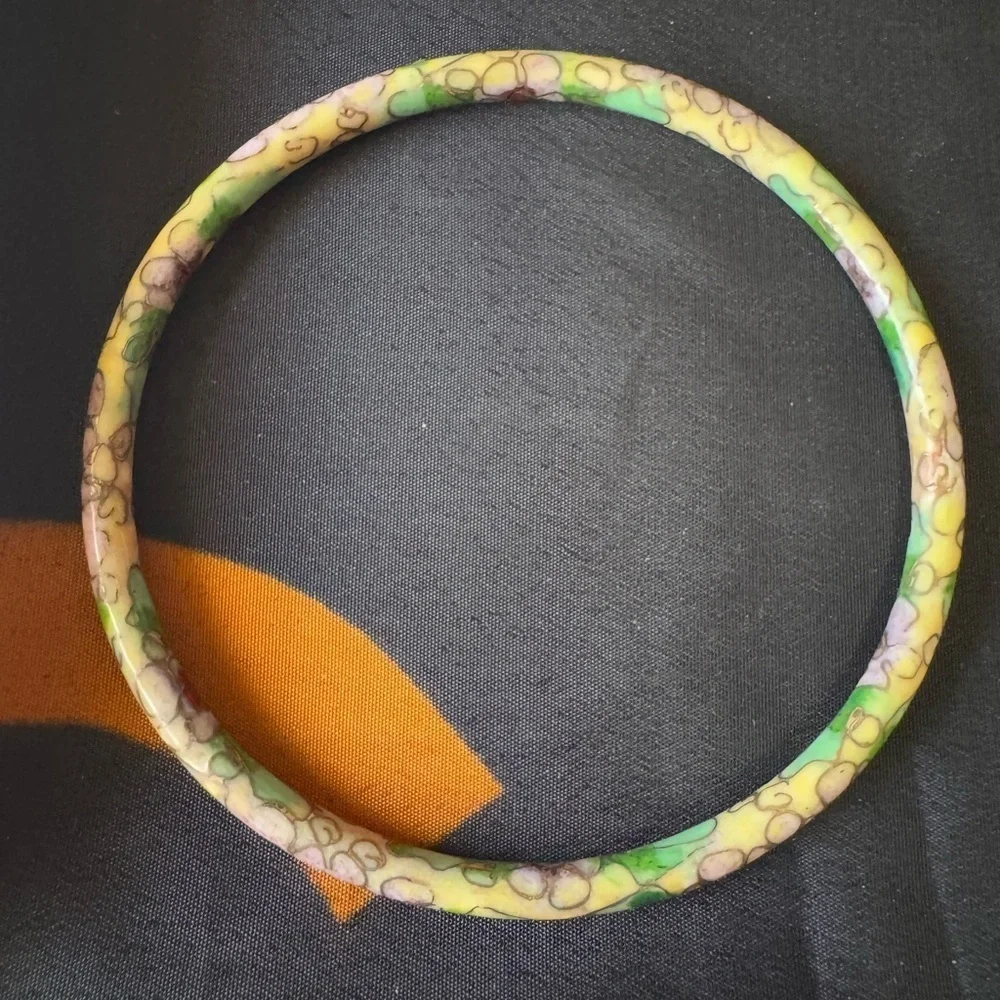 Y2K Vintage Enamel Bangle Set Colorful Cloisonné Floral Yellow Stack Bracelets